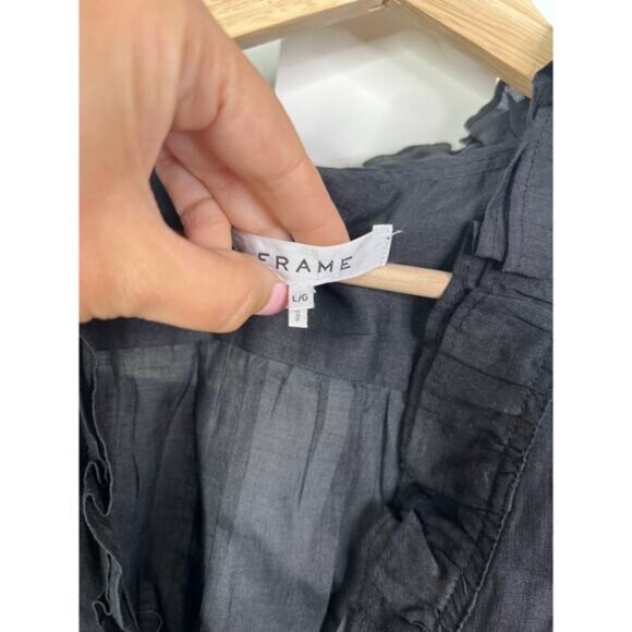 NEW Frame Lauren Ruffled Long Sleeve Button Down Black Sheer Blouse Top - Picture 4 of 7